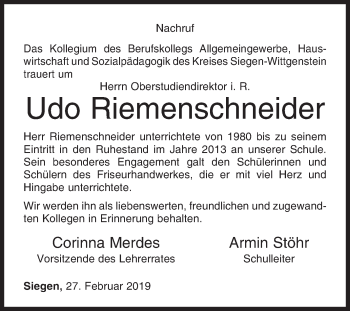 Traueranzeige von Udo Riemenschneider von Siegener Zeitung