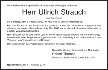 Traueranzeige von Ullrich Strauch von Siegener Zeitung