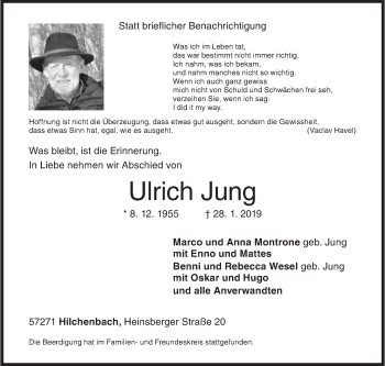 Traueranzeige von Ulrich Jung von Siegener Zeitung