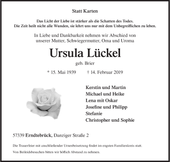 Traueranzeige von Ursula Lückel von Siegener Zeitung