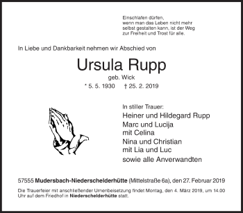 Traueranzeige von Ursula Rupp von Siegener Zeitung