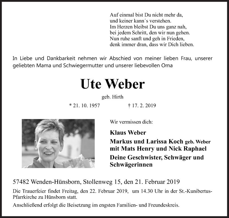  Traueranzeige für Ute Weber vom 21.02.2019 aus Siegener Zeitung