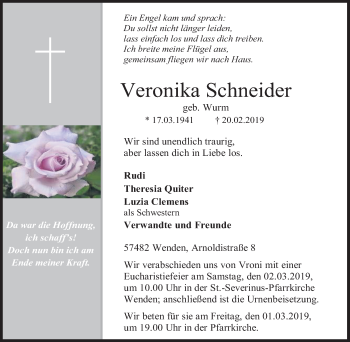 Traueranzeige von Veronika Schneider von Siegener Zeitung
