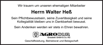Traueranzeige von Walter Heß von Siegener Zeitung