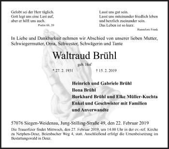 Traueranzeige von Waltraud Brühl von Siegener Zeitung