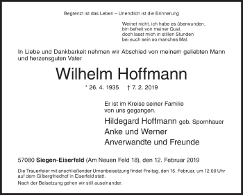 Traueranzeige von Wilhelm Hoffmann von Siegener Zeitung