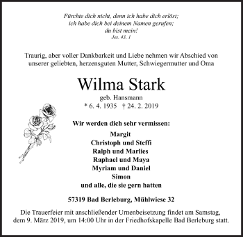 Traueranzeige von Wilma Stark von Siegener Zeitung