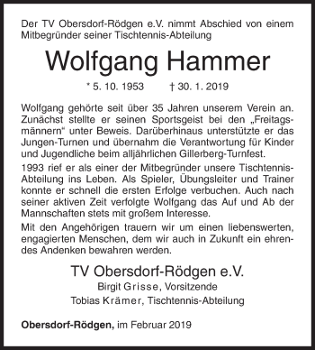 Traueranzeige von Wolfgang Hammer von Siegener Zeitung