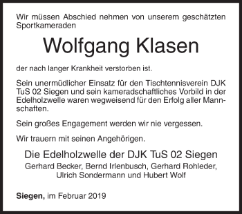 Traueranzeige von Wolfgang Klasen von Siegener Zeitung