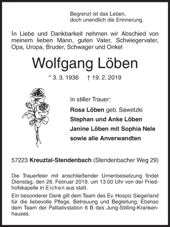 Traueranzeige von Wolfgang Löben von Siegener Zeitung