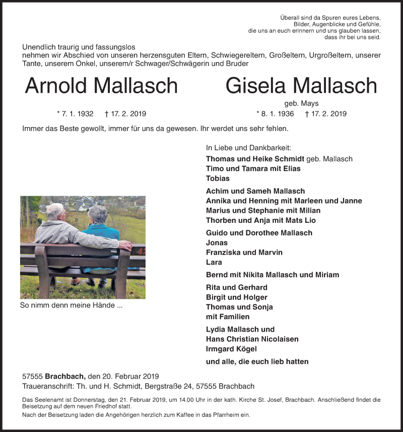  Traueranzeige für Arnold und Gisela Mallasch vom 20.02.2019 aus Siegener Zeitung