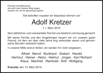 Traueranzeige von Adolf Kretzer von Siegener Zeitung