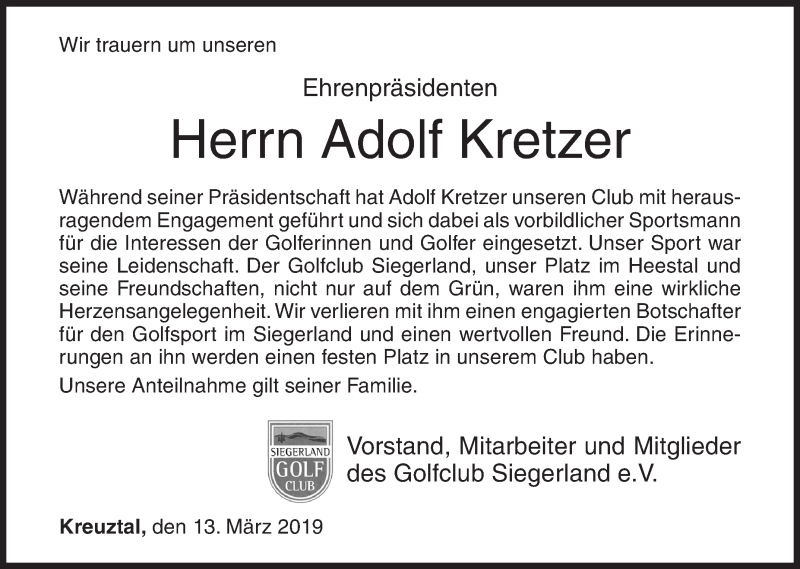  Traueranzeige für Adolf Kretzer vom 13.03.2019 aus Siegener Zeitung