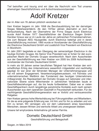 Traueranzeige von Adolf Kretzer von Siegener Zeitung