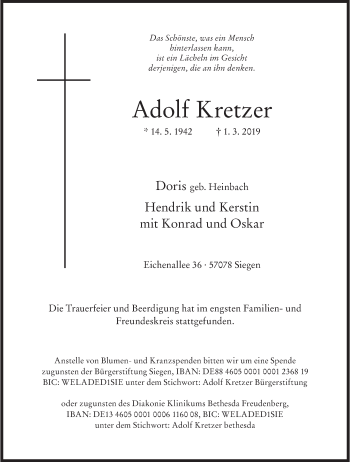 Traueranzeige von Adolf Kretzer von Siegener Zeitung