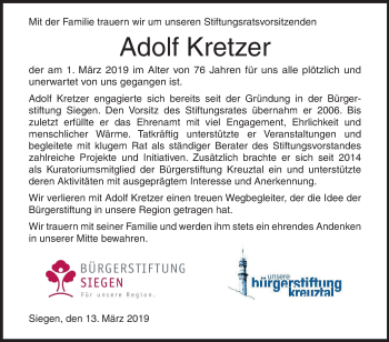 Traueranzeige von Adolf Kretzer von Siegener Zeitung