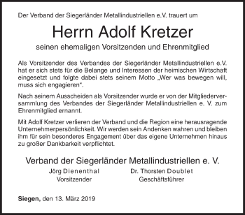 Traueranzeige von Adolf Kretzer von Siegener Zeitung