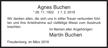 Traueranzeige von Agnes Buchen von Siegener Zeitung