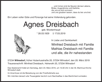 Traueranzeige von Agnes Dreisbach von Siegener Zeitung