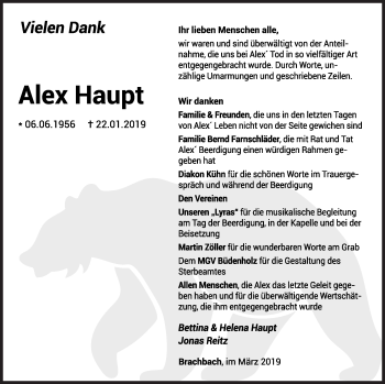 Traueranzeige von Alex Haupt von Siegener Zeitung