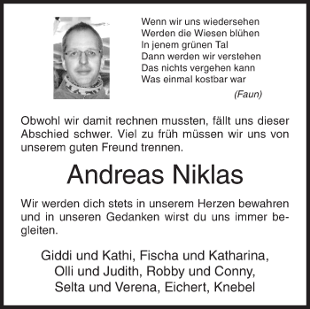 Traueranzeige von Andreas Niklas von Siegener Zeitung