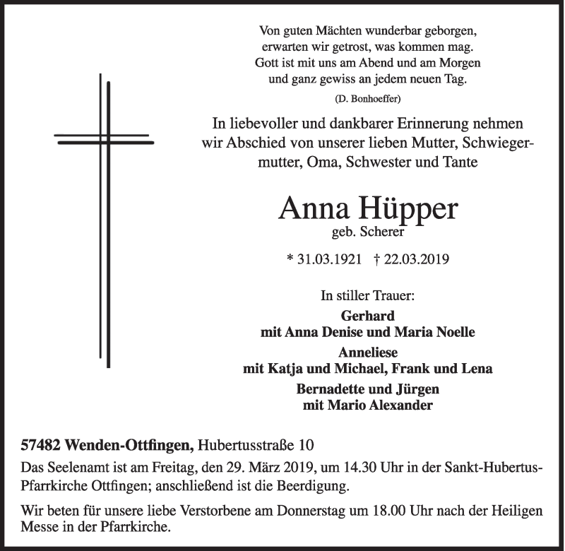  Traueranzeige für Anna Hüpper vom 26.03.2019 aus Siegener Zeitung