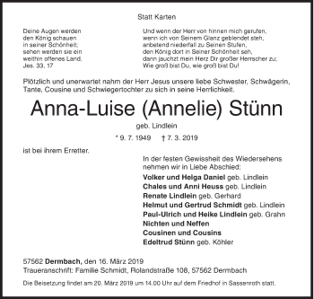 Traueranzeige von Anna-Luise Stünn von Siegener Zeitung