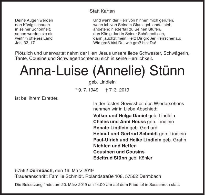  Traueranzeige für Anna-Luise Stünn vom 16.03.2019 aus Siegener Zeitung