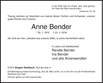 Traueranzeige von Anne Bender von Siegener Zeitung