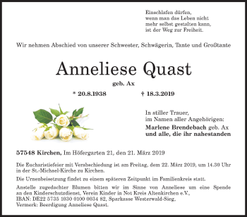 Traueranzeige von Anneliese Quast von Siegener Zeitung