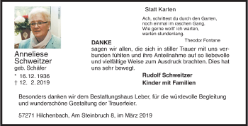 Traueranzeige von Anneliese Schweitzer von Siegener Zeitung