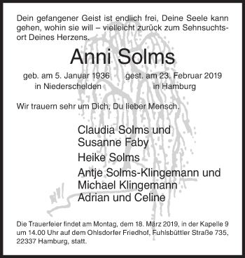 Traueranzeige von Anni Solms von Siegener Zeitung