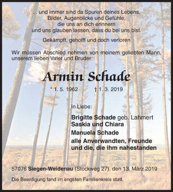 Traueranzeige von Armin Schade von Siegener Zeitung
