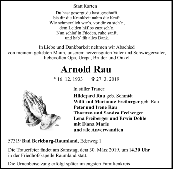 Traueranzeige von Arnold Rau von Siegener Zeitung