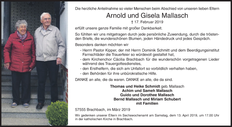  Traueranzeige für Arnold und Gisela Mallasch vom 30.03.2019 aus Siegener Zeitung