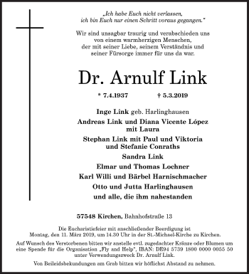 Traueranzeige von Arnulf Link von Siegener Zeitung