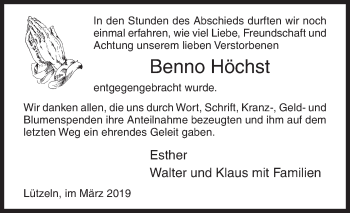 Traueranzeige von Benno Höchst von Siegener Zeitung