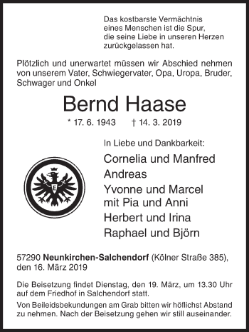Traueranzeige von Bernd Haase von Siegener Zeitung