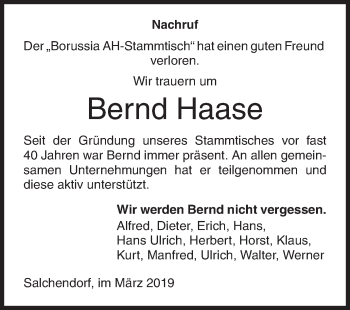 Traueranzeige von Bernd Haase von Siegener Zeitung