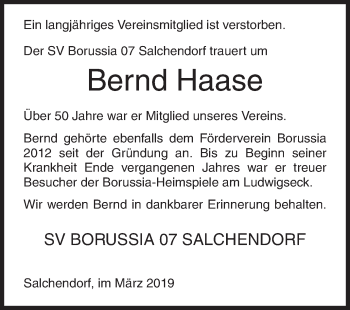 Traueranzeige von Bernd Haase von Siegener Zeitung