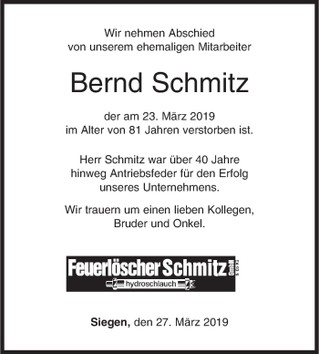 Traueranzeige von Bernd Schmitz von Siegener Zeitung