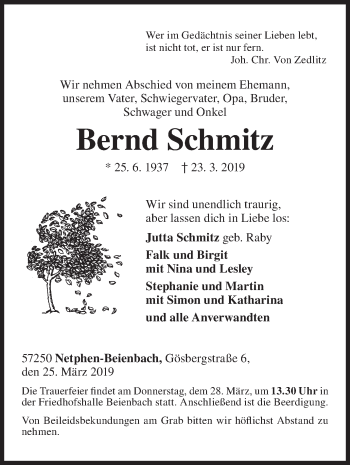 Traueranzeige von Bernd Schmitz von Siegener Zeitung