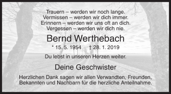 Traueranzeige von Bernd Werthebach von Siegener Zeitung