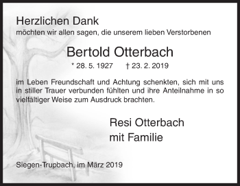 Traueranzeige von Bertold Otterbach von Siegener Zeitung