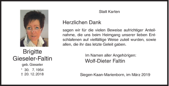 Traueranzeige von Brigitte Gieseler-Faltin von Siegener Zeitung
