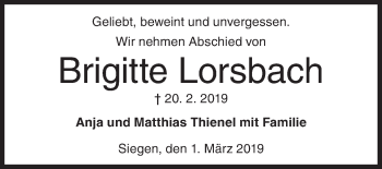 Traueranzeige von Brigitte Lorsbach von Siegener Zeitung