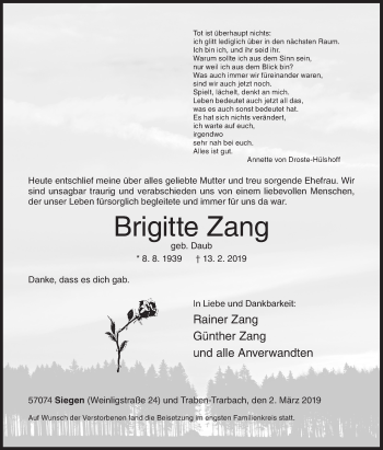 Traueranzeige von Brigitte Zang von Siegener Zeitung