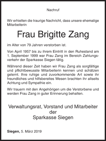 Traueranzeige von Brigitte Zang von Siegener Zeitung