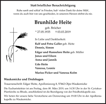 Traueranzeige von Brunhilde Heite von Siegener Zeitung