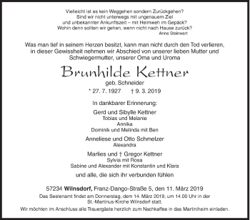 Traueranzeige von Brunhilde Kettner von Siegener Zeitung